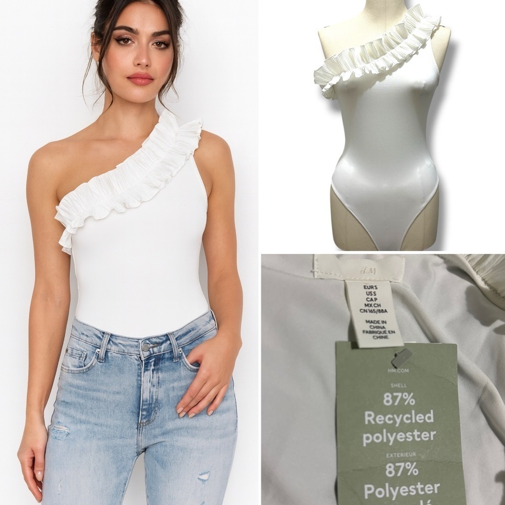 410 H&M | NWT White One-Shoulder Ruffle Bodysuit (Size S)